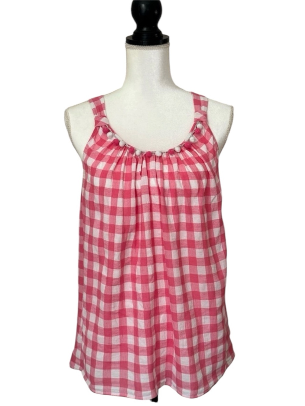 Rafaella Weekend Pink Gingham Linen Blend Tank Top Pom Trim Medium